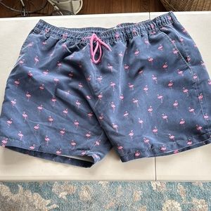 Blue Swim Shorts with Pink Flamingo Print